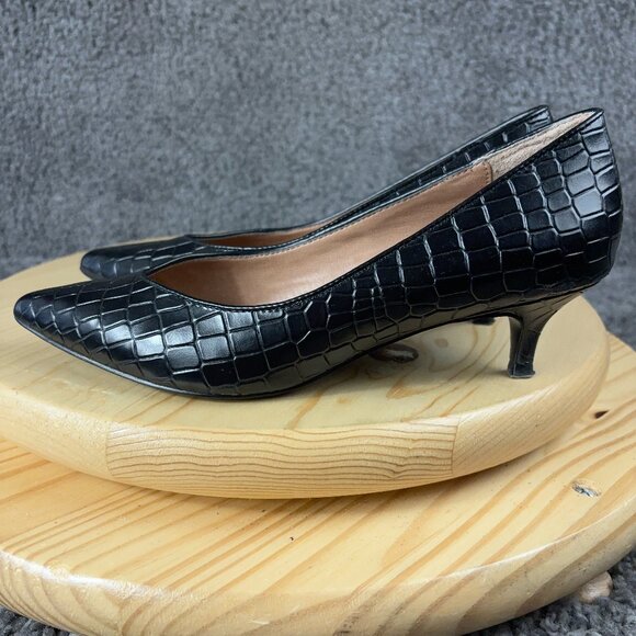 Vionic Josie Croc Kitten Heels Womens Size 7 Black Leather Pointed Toe Pump - Picture 1 of 9